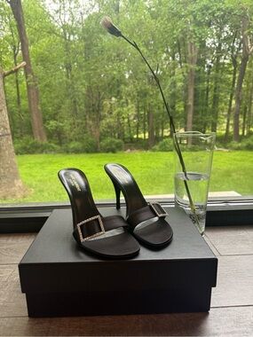 Saint Laurent Black Satin Crystal-Buckle Heeled Mules